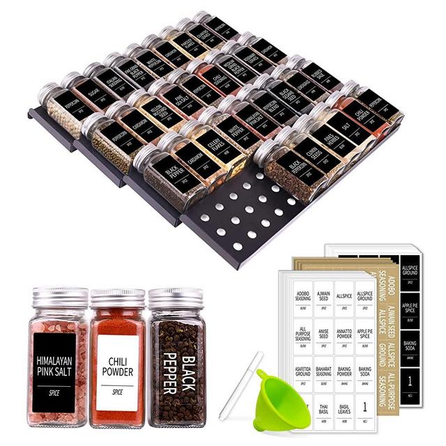 Spice Drawer Organizer with 36 Spice Jars, 3 Types of Spice Labels, Funnel, Chalk Pen- 4 Tiers Spice Rack Organizer Insert for Kitchen Drawer, Churboro Drawer Seasoning Rack, Large