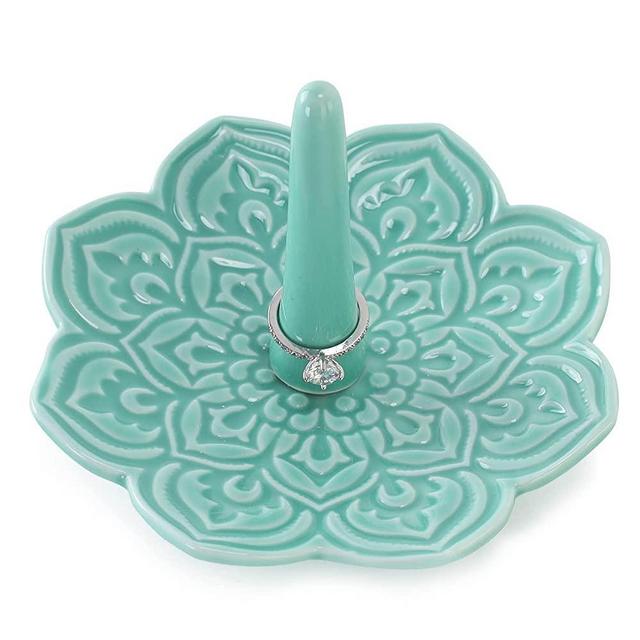 HOME SMILE Ceramic Green Mandala Ring Holder, Decorative Jewelry Dish Tray, Engagement Wedding Birthday Valentines's Day Gifts for Women