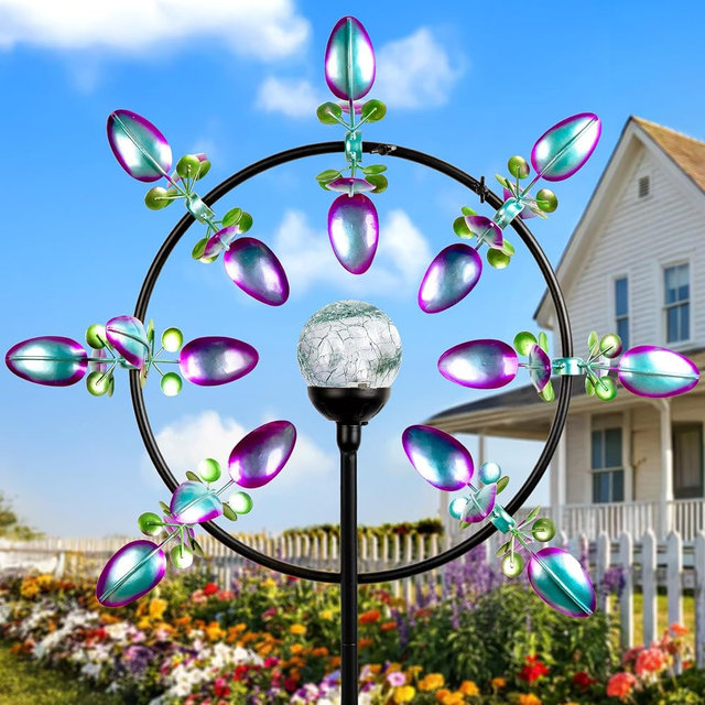 Large Peacock Solar Wind Spinner Outdoor - Metal Kinetic Sculptures with Color-Changing Glass Ball, Dual Direction Spinning Garden Art Decor, Waterproof Lighted Windmills for Patio, Yard, Lawn