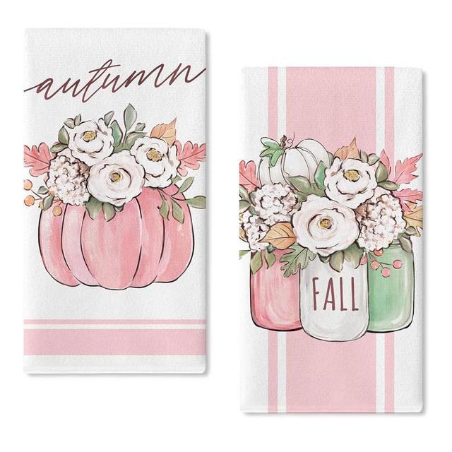 Seliem Fall Pink Pumpkin Flower Kitchen Dish Towels Set of 2, Autumn Camellia Hydrangea Jar Hand Towels Drying Baking Cooking Cloth, Seasonal Farmhouse Thanksgiving Home Kitchen Decor 18x26 Inch