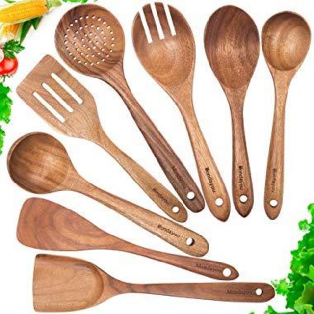 Wooden Spoons for Cooking,Nonstick Kitchen Utensil Set,Wooden Spoons Cooking Utensil Set Non Scratch Natural Teak Wooden Utensils for Cooking(Teak 8 Pack)