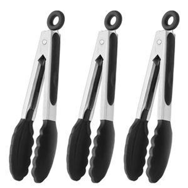 Mini Tongs with Silicone Tips 7-Inch Kitchen Tongs, Set of 3 (Black)