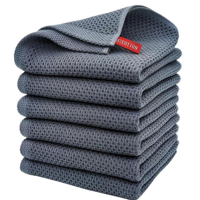ANEWAY Kitchen Towels 100% Cotton Waffle Weave Dish Towel for Cleaning Drying Dishes Extra Absorbent and Soft, Dish Cloth,13 x 28 in (Darkgrey-6 Pack)