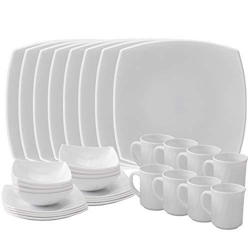 Matashi Dish 32-Piece Opal Glassware Dinner Set-Break Freeze Resistant-Dishwasher Safe – Service for 8-(Platinum Collection, White Rim