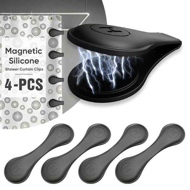 4 Pack Magnetic Silicone Shower Curtain Clips for Keeping Liner Closed to Wall Against Water Splashing Out, Self Adhesive Windproof Splash Holder, Easy to Use & Install, No Damage to Surface (Black)