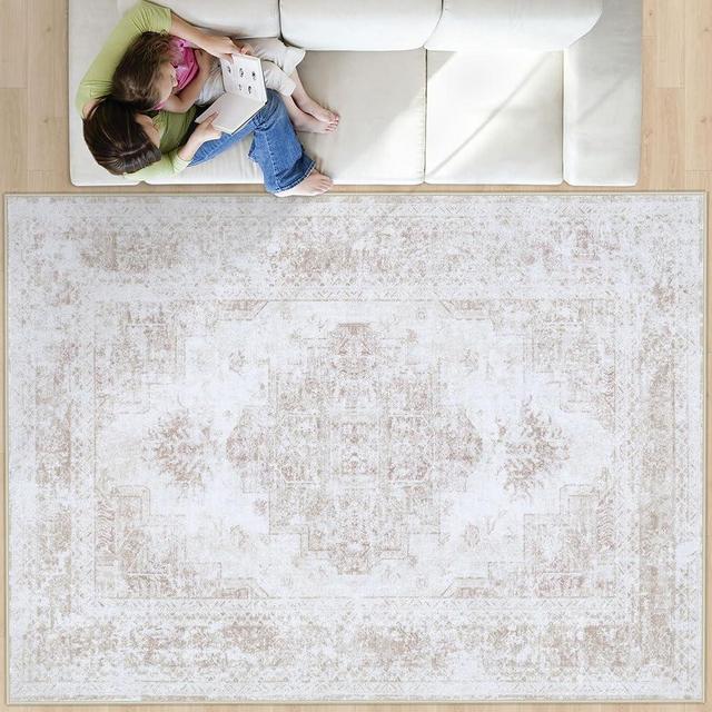 XLUEZ Area Rug 8x10 Living Room Rug, Machine Washable Vintage Distressed Medallion Rug Non-Slip Soft Low Pile Large Indoor Rugs for Bedroom Kitchen Dining Room Office(Beige,8'x10')