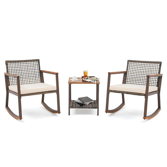Verano Garden 3 Pieces Rocking Bistro Set, Outdoor Conversation Bistro Chairs and Table Set with Wood Armrest and Soft Cushions, Small Porch Set Balcony Set for Garden, Patio, Yard