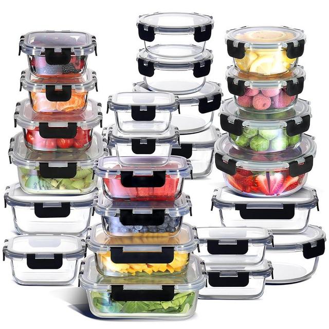 EATEX 24-Pack Glass Food Storage Containers with Lids, Airtight Glass Meal Prep Containers, Reusable Glass Food Containers with Leakproof Snap Lock Lids, Oven Microwave Freezer Safe Lunch Containers