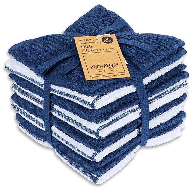 AMOUR INFINI Terry Dish Cloth | Set of 8 | 12 x 12 Inches | Durable, Super Soft and Absorbent |100% Cotton Dish Rags | Perfect for Household and Commercial Uses | Blue