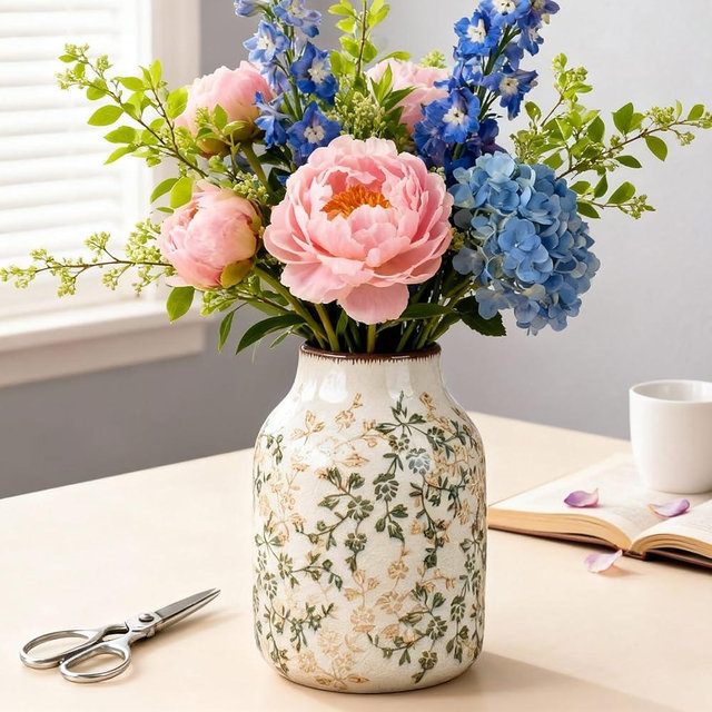 Fitous Green Vinatge Vase, Farmhouse Rustic Ceramic Flower Vase, Antique Chinoiserie Vases, Decorative Ice Cracked Large Vases for Home Decors, Living Dining Room Table, Shelf Decor, Office, 7.8 Inch