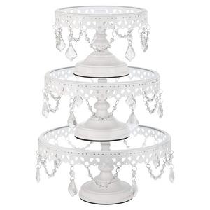 Amalfi Décor - Victoria White Cake Stand Set of 3, Round Glass Plate Metal Dessert Cupcake Pedestal Wedding Party Display with Crystals