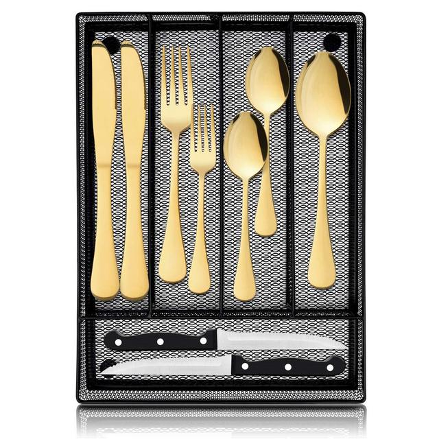 LIANYU 48-Piece Gold Silverware Set with Steak Knives and Organizer, Stainless Steel Flatware Cutlery Set for 8, Tableware Eating Utensils Set for Wedding Home Party, Dishwasher Safe, Mirror Polished
