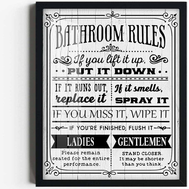 Merrleem Bathroom Rules Canvas Wall Art Print, Black and White Bathroom Decor, Restroom Picture, Toilet Poster Wall Decoration (Framed 8"x10")