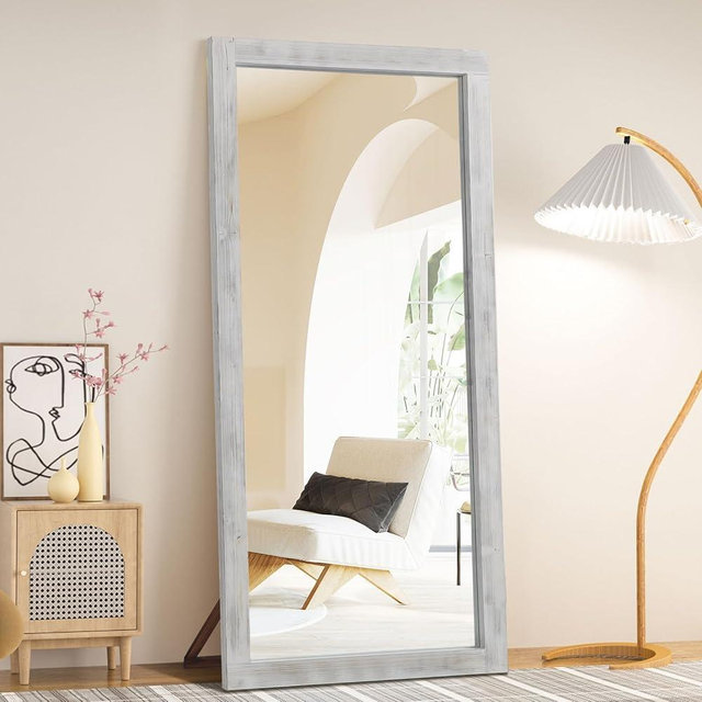 MirrMyst Rustic Farmhouse Full Length Mirror, 71"x32" Wood Frame Floor Mirror, Free Standing Leaning Hanging, Full Body for Bedroom Living Room Cloakroom, Weathered White