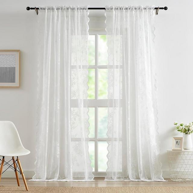 Bujasso White Lace Curtains Vintage Floral White Sheer Curtains 108 inch Rod Pocket Light Filtering Victorian Scalloped White Lace Sheer Drapes for Living Room Bedroom 2 Panels 54" Wx108 L