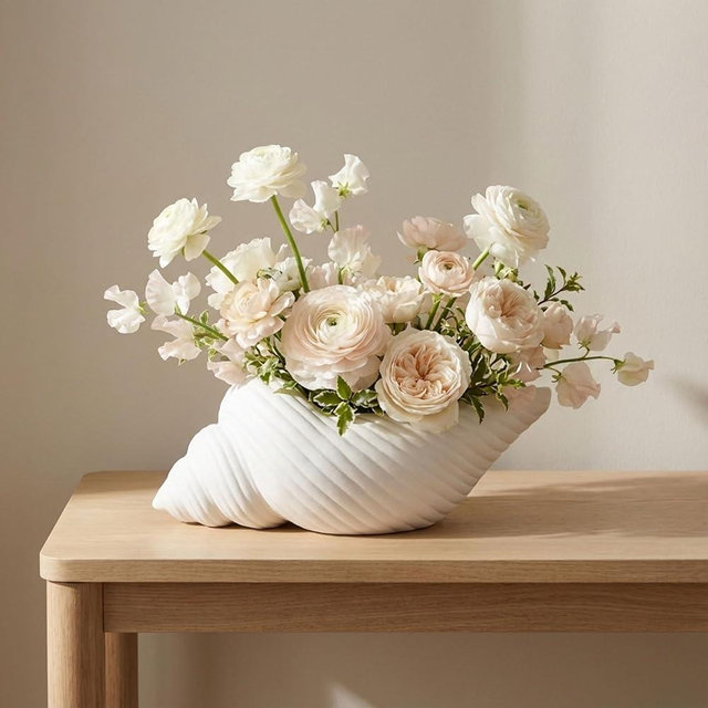Stoneware Figurine Sculpture – Decorative Planter for Shelf Or Table Room Decor, for Living Room Or Bedroom Placement, Coastal Home Decor Shell Design Accent – 9"x 5"x 4", White