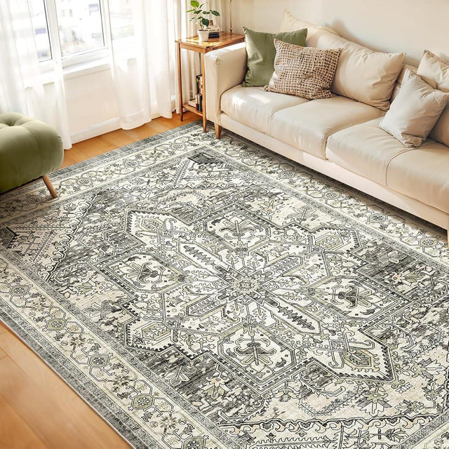 WITSHOCK Area Rugs 8x10 Machine Washable, Boho Rug for Living Room Bedroom, Ultra-Soft Non-Slip Stain Resistant Vintage Rugs for for Kitchen Dining Room Office Home Decor, Brown-Lvory