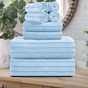 8 Pcs Blue Cabana Stripe Bath Sheet Set Oversized Bath Towel-2 Bathroom Sheets,2 Hand Towels,4 Washcloths Soft Jumbo Towels Absorbent Shower Towel Quick Dry Beach Chair Towel Spa Gym Hotel Towels