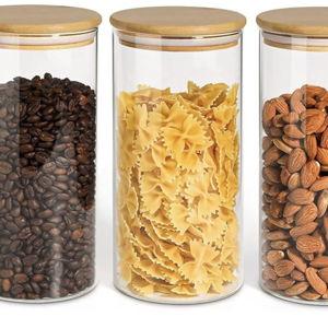 ComSaf Airtight Glass Storage Canister with Wood Lid(1.5 Qt), Set of 3 Glass Jars with Lids, Clear Food Storage Container Jar with Sealing Lids for Dry Food Cereal Oat Sugar Tea Coffee Beans, Round