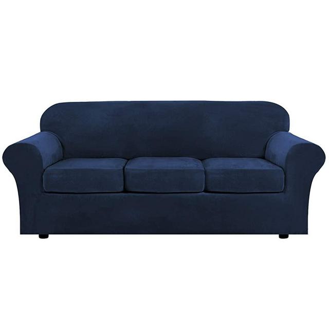 H.VERSAILTEX Modern Velvet Plush 4 Piece High Stretch Sofa Slipcover Strap Sofa Cover Furniture Protector Form Fit Luxury Thick Velvet Sofa Cover for 3 Cushion Couch, Machine Washable(Sofa,Navy)
