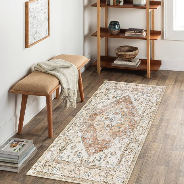 Beeiva Vintage Washable Small Rug, 2x4 Rug with Rubber Backed Thin Throw Rugs, Boho Washable Runner Rug Khaki Lightweight Entryway Rugs Indoor Non Slip for Bathroom Living Room Laundry Room