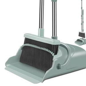 Upgrade Broom and Dustpan Set, Large Size and with Long Handle, Upright,Ideal for Indoor Outdoor Garage Kitchen Room Office Lobby Use (Green)