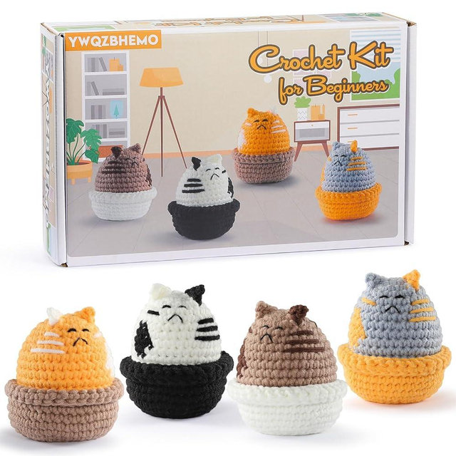 4 Colors Cats Crochet Kit for Kids/Adult, DIY This All in One Crochet Set for Beginners/Experts, Includes Enough Yarn, Hook, Step-by-Step Video Tutorials for Starters, Accessories
