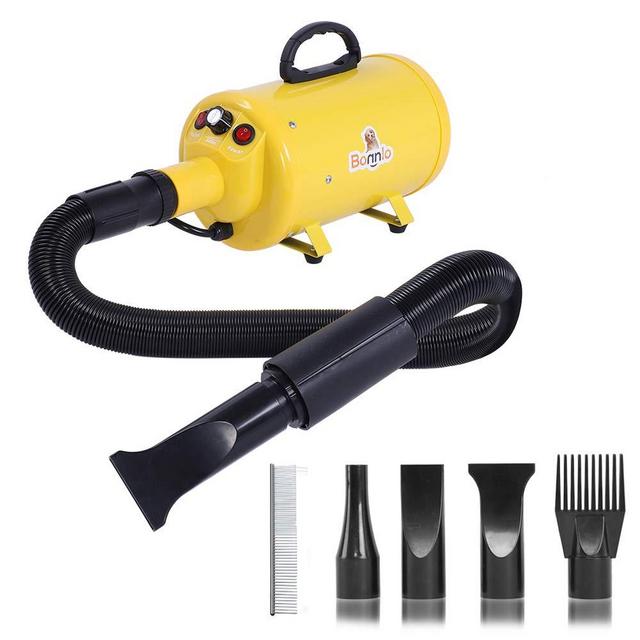 Bonnlo 2400W 3.2HP Stepless Adjustable Speed Pet Dryer Dog Hair Dryer Pet Grooming Blower with Heater Quick - 4 Different Nozzles (Single Motor)(Blue/Black/Yellow)