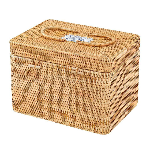 Peslran Rattan Basket With Lid,Blue-and-white Porcelain Decoration Design,Large Storage Basket Lidded,Rattan Box For Shelf (14" L×10"W×10"H)
