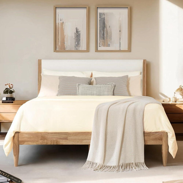 KISLOT Wood Bed Frame with Upholstered Headboard Wooden Platform with Silent Slat Support Mattress Foundation No Box Spring Needed, Easy Assembly