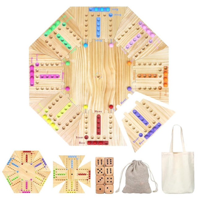 Marble Game Board Wooden, 24" Large Size Detachable Fast Track Board Game for 2-8 Players, Classic Marble Game with 32 Marbles and 8 Dices for Family, Friends, Party Night
