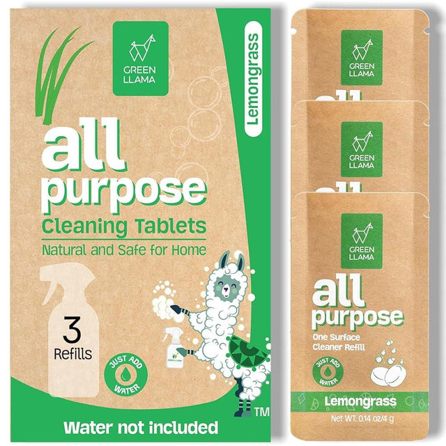 Green Llama Eco-Friendly and Sustainable All-Purpose Refill Tablets | 3-Pack | Lemon Grass Scent | Natural Cleaning Solution for Home with Certified Compostable Packaging