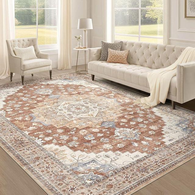 EIEIHOUSE Area Rugs for Living Room: Washable 9x12 Living Room Rug Large Soft Vintage Floral Farmhouse Indoor Retro Area Rugs for Bedroom Dining Room Home Office - Brown/Brick Red/Beige