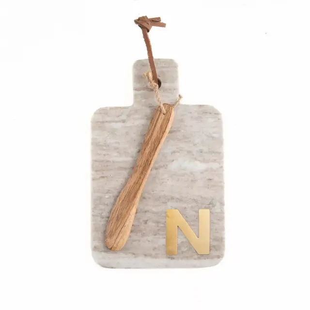 Artisanal Kitchen Supply Marble Monogram Letter "N" Serving Board with Spreader