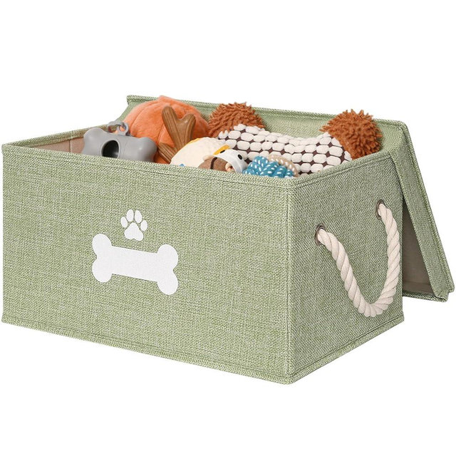 GreenPetopia Dog Toy Basket with Lid, Dog Basket for Toys, Dogs Toy Box with Cotton Rope Handles, Collapsible Storage Bins for Pet Toys, Dogs Storage Organizer, Green