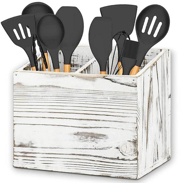 Y&ME YM Utensil Holder for Kitchen Counter, Wood Utensil Organizer with 2  Compartments, Utensil Caddy and Silverware Organizer for Kitchen Decor