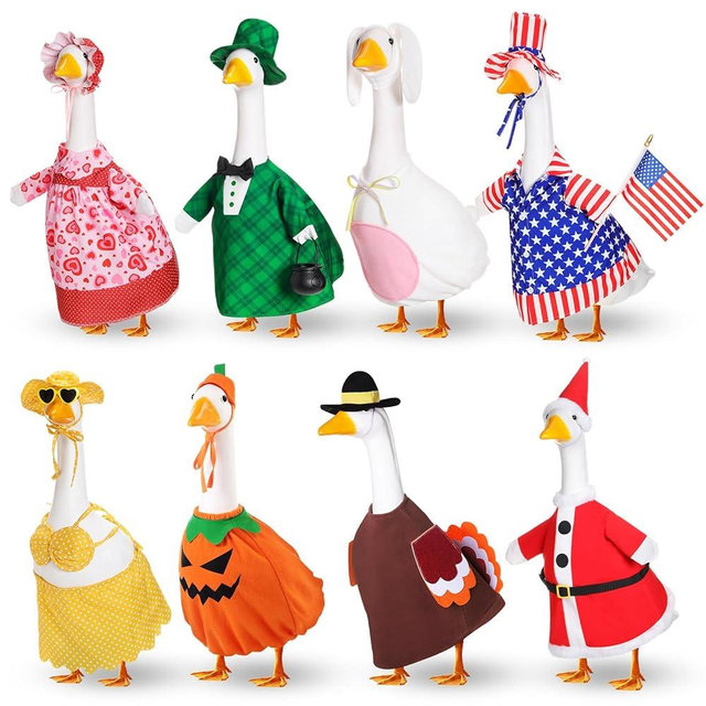 FuWeave 8 Set Holiday Porch Goose Outfits Valentine St. Patrick Easter Summer 4th of July Fall Halloween Christmas Lawn Porch Goose Clothing for Patio Yard Lawn Decor(17 Inch)