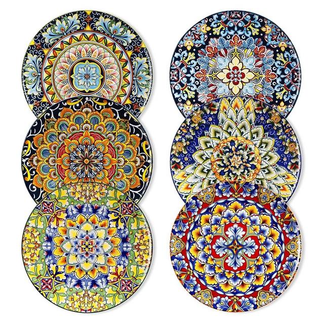 vancasso Salad Plates Set of 6-8.5 Inch Ceramic Dessert Plate, Small Dinner Plate Set, Microwave, Oven and Dishwasher Safe, Colorful Bohemian Style Dishes for Kitchen