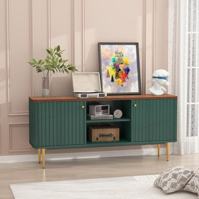 ARTPOWER 55” Fluted TV Stand, Mid Century Modern TV Stand for 55/60/65 inch TV, Entertainment Center with Storage, Television Stands, TV Console, Media Console for Living Room, Bedroom (Green)