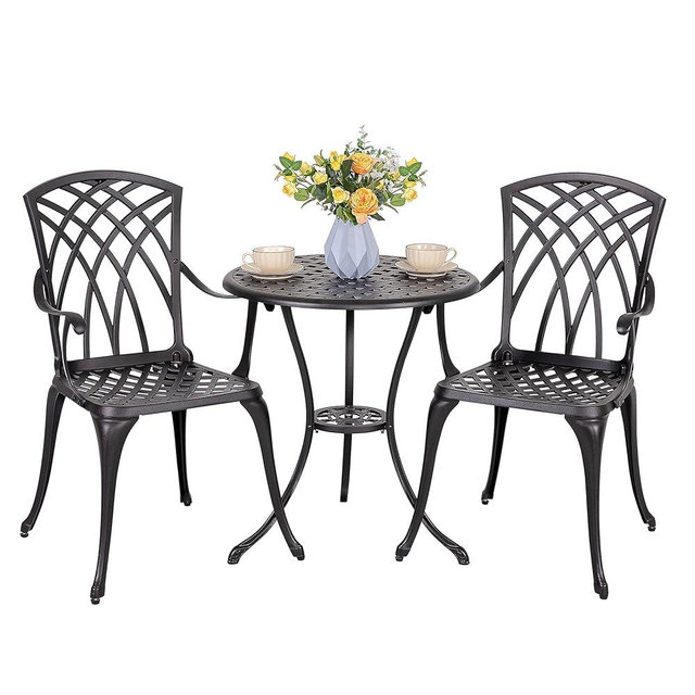 NUU GARDEN 3-Piece Patio Bistro Set, Cast Aluminum Table and 2 Chairs with Umbrella Hole, Outdoor Bistro Set for Patio or Backyard, Black