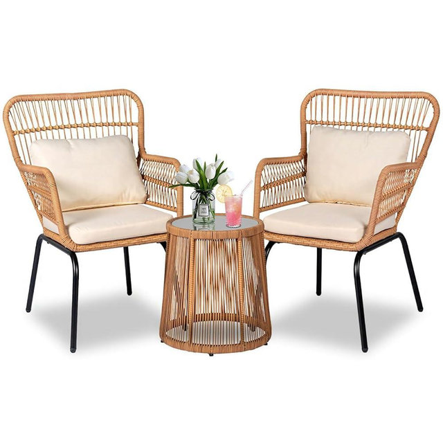 PROHIKER 3 Pieces Outdoor Wicker Bistro Patio Furniture Set, Porch Furniture Rattan Conversation Sets with Side Table and Cushions for Garden Poolside Backyard, Yellow/Beige