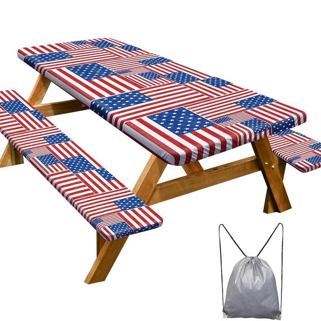 Picnic Table Cover with Bench Covers Camping Essentials Waterproof Windproof Camping Tablecloth with Drawstring Bag, Fitted Rectangle Tables and Seats, 72in, Red Blue White