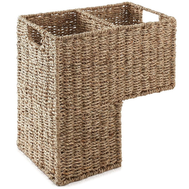 Casafield Stair Step Basket with Handles, Natural - Woven Seagrass Staircase Basket Storage Bin Organizer