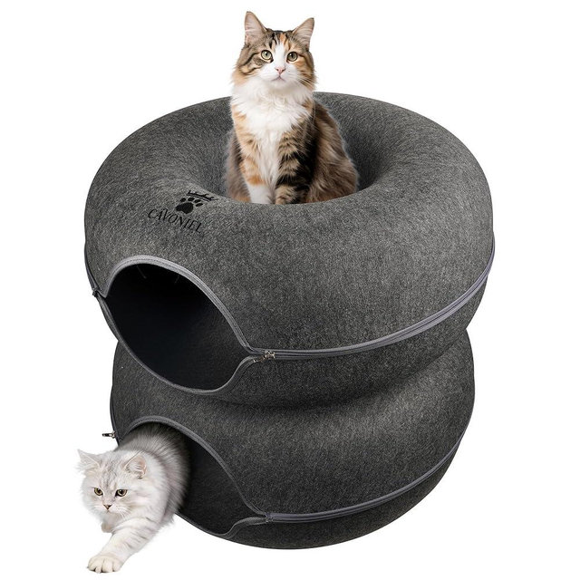 Cavoniel 2-Level Detachable Large Cat Tunnel Bed for Indoor Cats, Scratch-Resistant Felt Donut Cat Cave, Supports Up to 30 lbs, Peekaboo Cat Tube (Dark Grey, L 24 x 24 x 22 in)