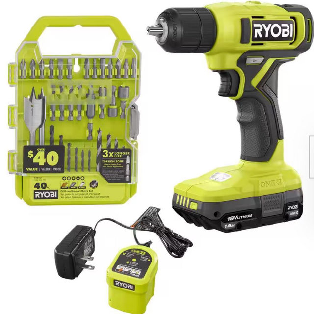 ONE+ 18V Cordless 3/8 in. Drill/Driver Kit with 1.5 Ah Battery, Charger, and Drill and Impact Drive Kit (40-Piece)