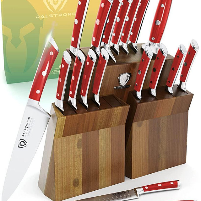 DALSTRONG Knife Set Block - 18-Pc Colossal Knife Set - Gladiator Series - German HC Steel - Red ABS Handles - Acacia Wood Stand - NSF Certified