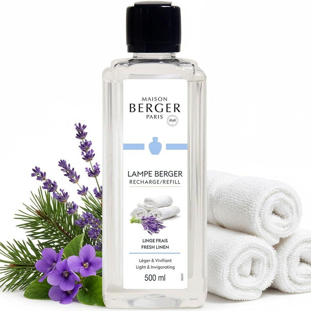MAISON BERGER Fresh Linen Lampe Berger Refill, 500 ml (16.9 fl oz), Odor-Neutralizing Home Fragrance Oil, Eucalyptus Lavender, Lavender Pine, Made in France