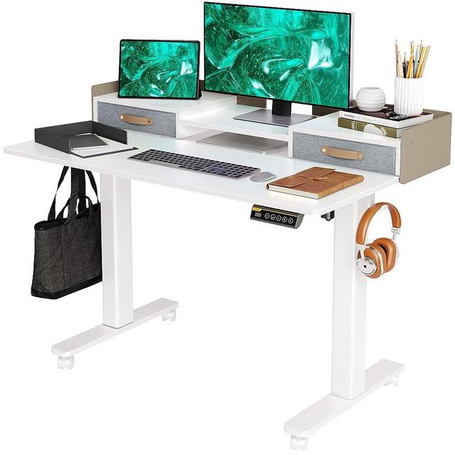 Claiks Standing Desk with Drawers, Stand Up Electric Standing Desk Adjustable Height, Sit Stand Desk with Storage Shelf and Splice Board, 48 Inch, White