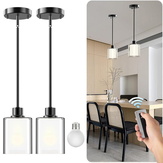 Racokky Modern Pendant Lights Kitchen Island 2 Pack, Height Adjustable Hanging Lighting Fixtures with Remote, 3 Color Modes, Ceiling Lighting for Dining Room Bedroom Farmhouse - Black