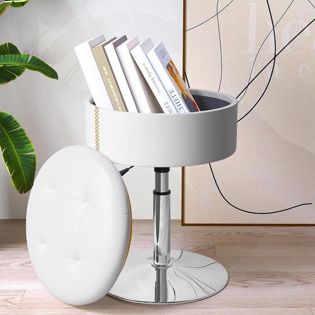 ACEQLYT White Storage Vanity Stool Chair, Adjustable Leather Makeup Chair for Vanity, Round Ottoman Vanity Chair for Bedroom Makeup Room, Cute, Soft, Comfortable, Gifts for Women